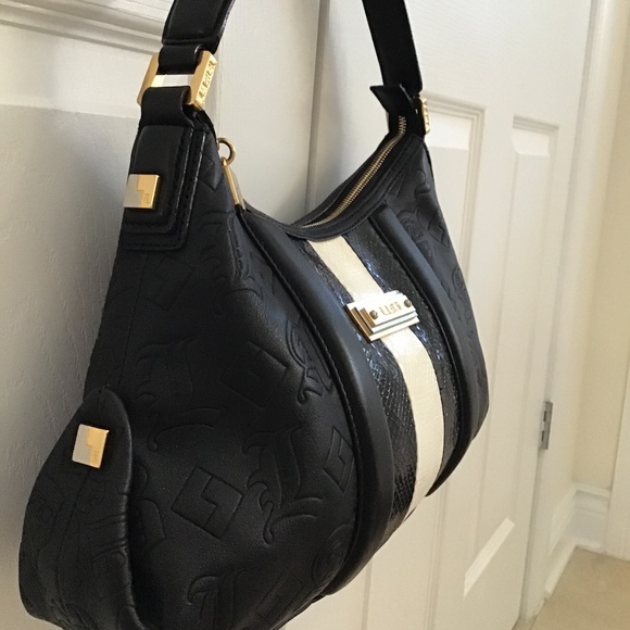 L.A.M.B. by Gwen Stefani black leather handbag with black/white snake skin strip - Picture 3 of 9